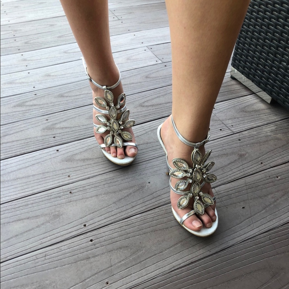 Rhinestone embellished silver stilettos